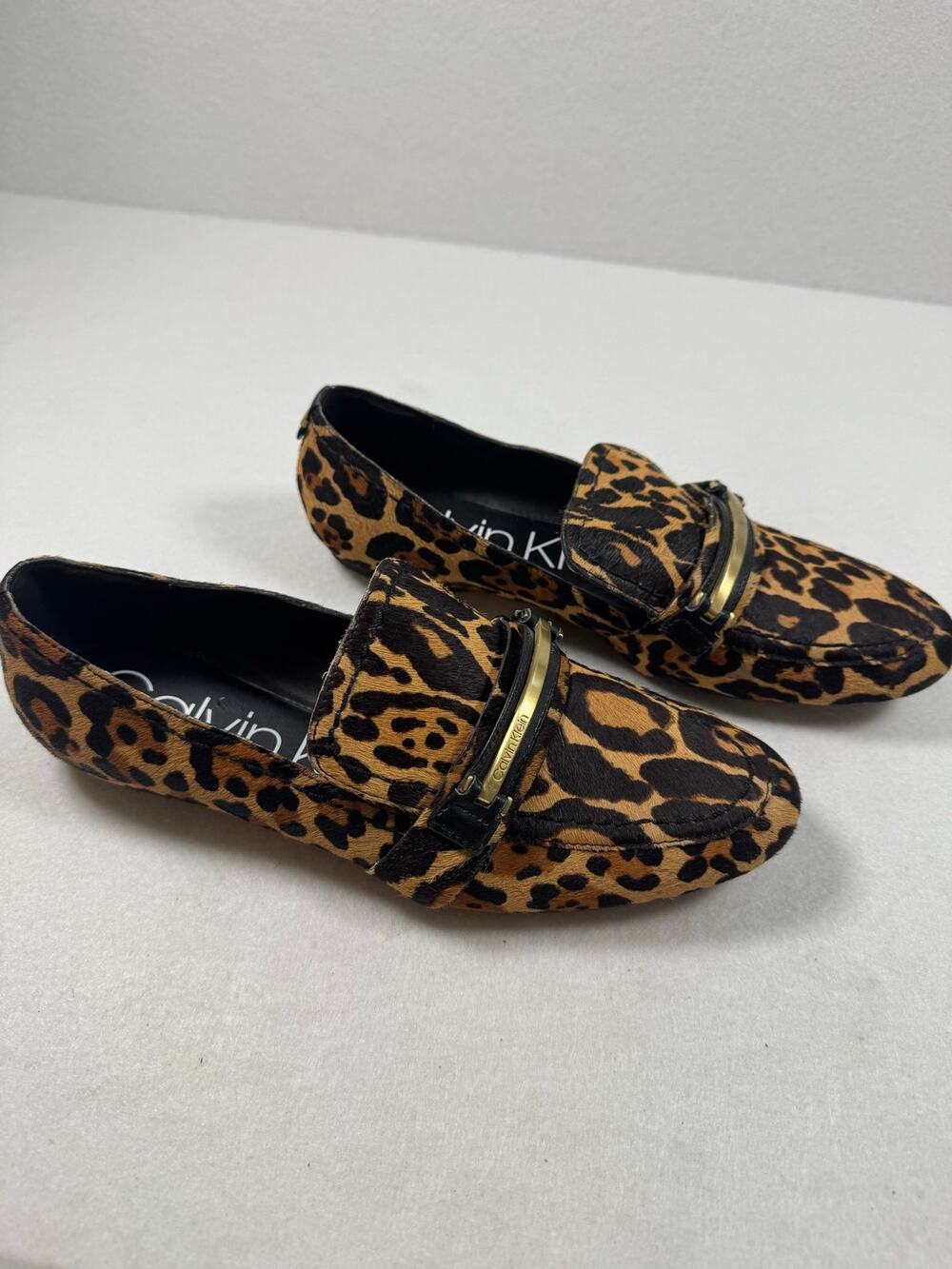 Calvin Klein New Orianna Winter Leopard Cow Haircalf Loafer Flats Tan Black 8